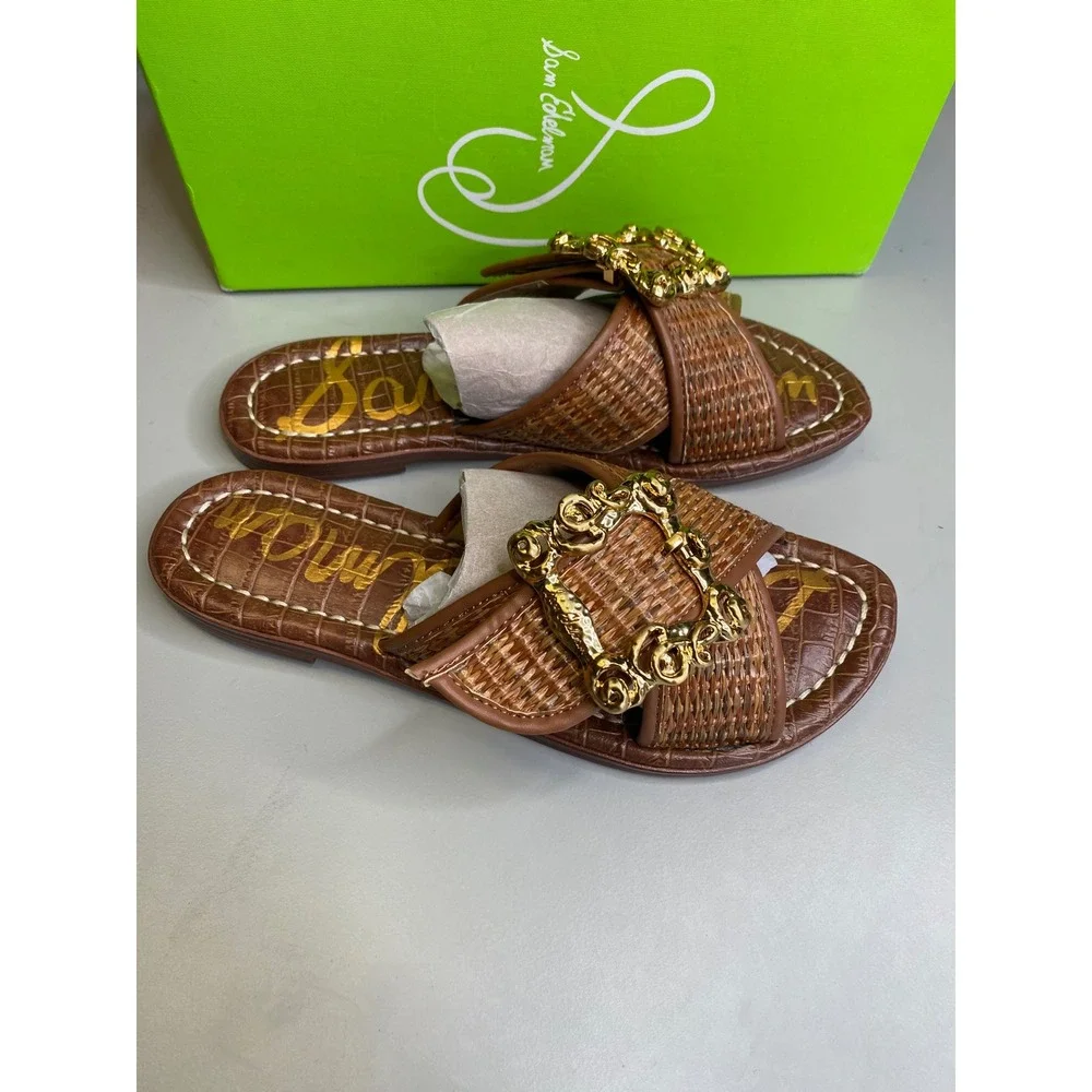 Sam Edelman Gracyn Slide Sandals Cuoio Weave Gold Buckle Flat 6.5 I9518F2200